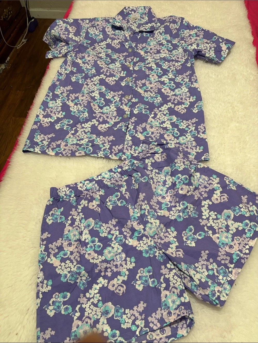 Women’s 100% Cotton Floral Pajama Set Purple Button Front Shorts M